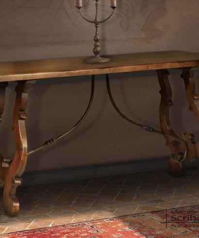 Tavolo scrittoio e consolle da ingresso, costruito in legno massello con gambe a lira e ferri forgiati a mano.