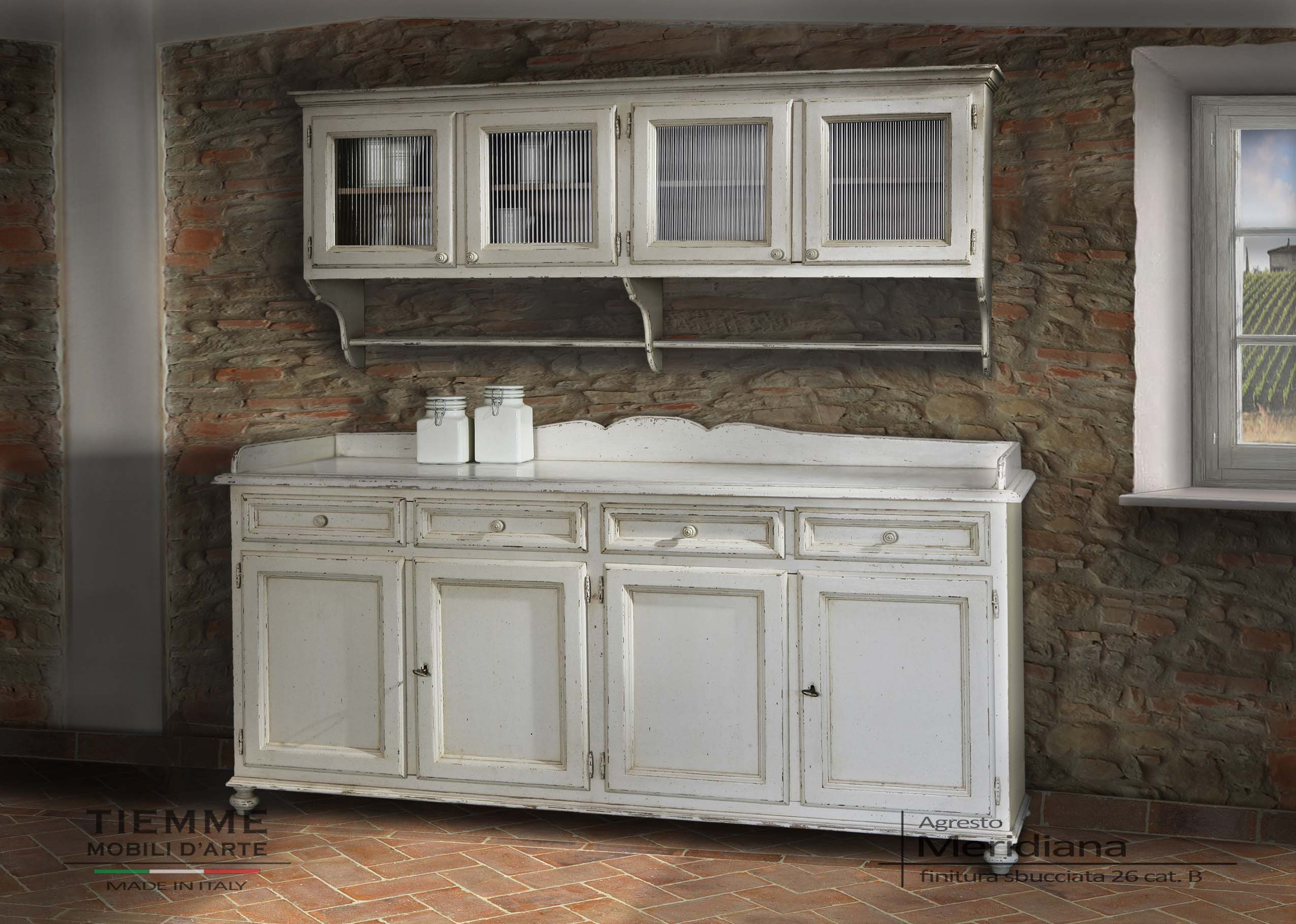 Credenza con pensile a vetri stile country vintage Meridiana