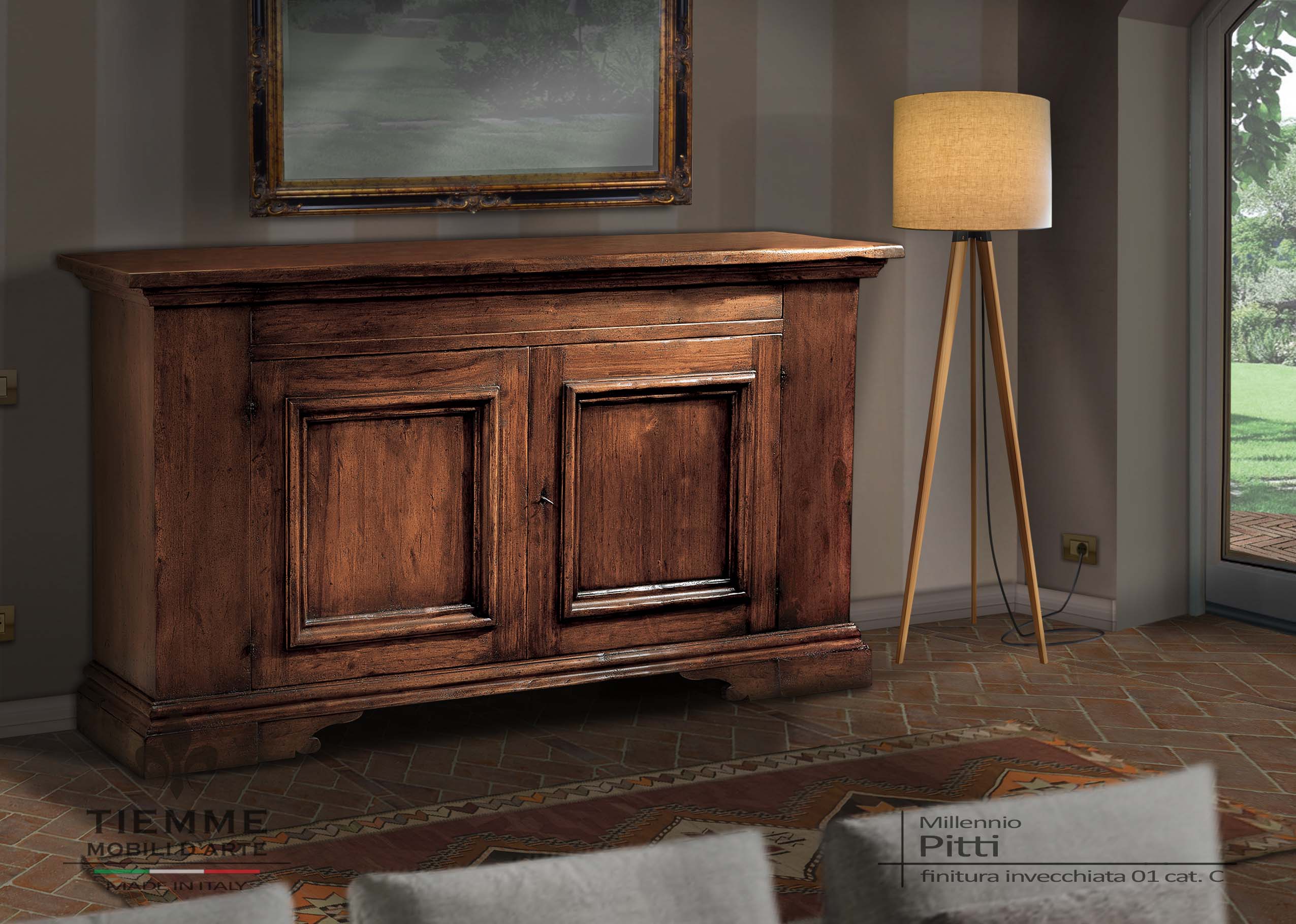 Credenza in legno invecchiato due ante, Pitti Credenza a due ante con frontale completamente liscio ma caratterizzato da due cornici di forte spessore, costruita anche con misure a richiesta.