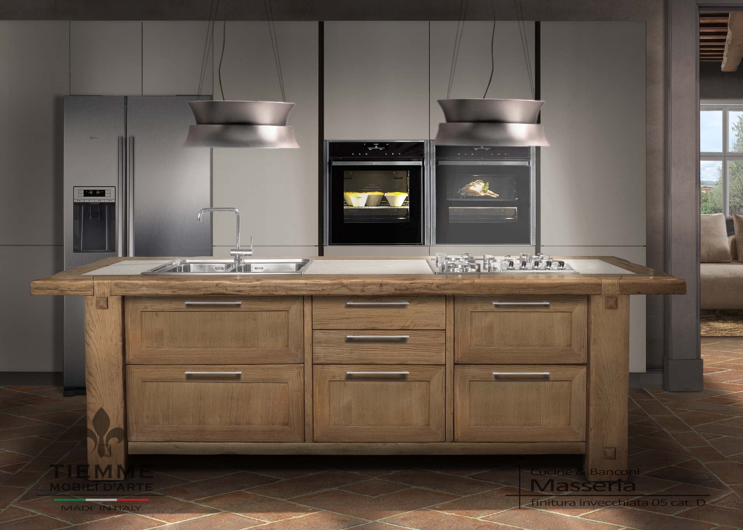 Cucina modello Masseria bancone isola su misura Cucina in legno massello di castagno, bancone da lavoro per cucina Masseria con cassetti e cestoni estraibili, personalizzabile.