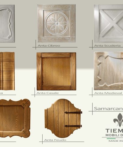 Campionario dei modelli di ante in legno per le composizioni personalizzate delle cucine Samarcanda e Palio.