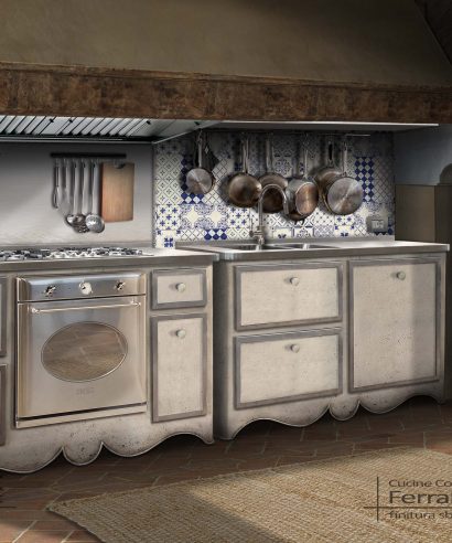 Blocco cucina vintage da realizzare su misura, in versione per piano cottura e anche per lavello e lavastoviglie.