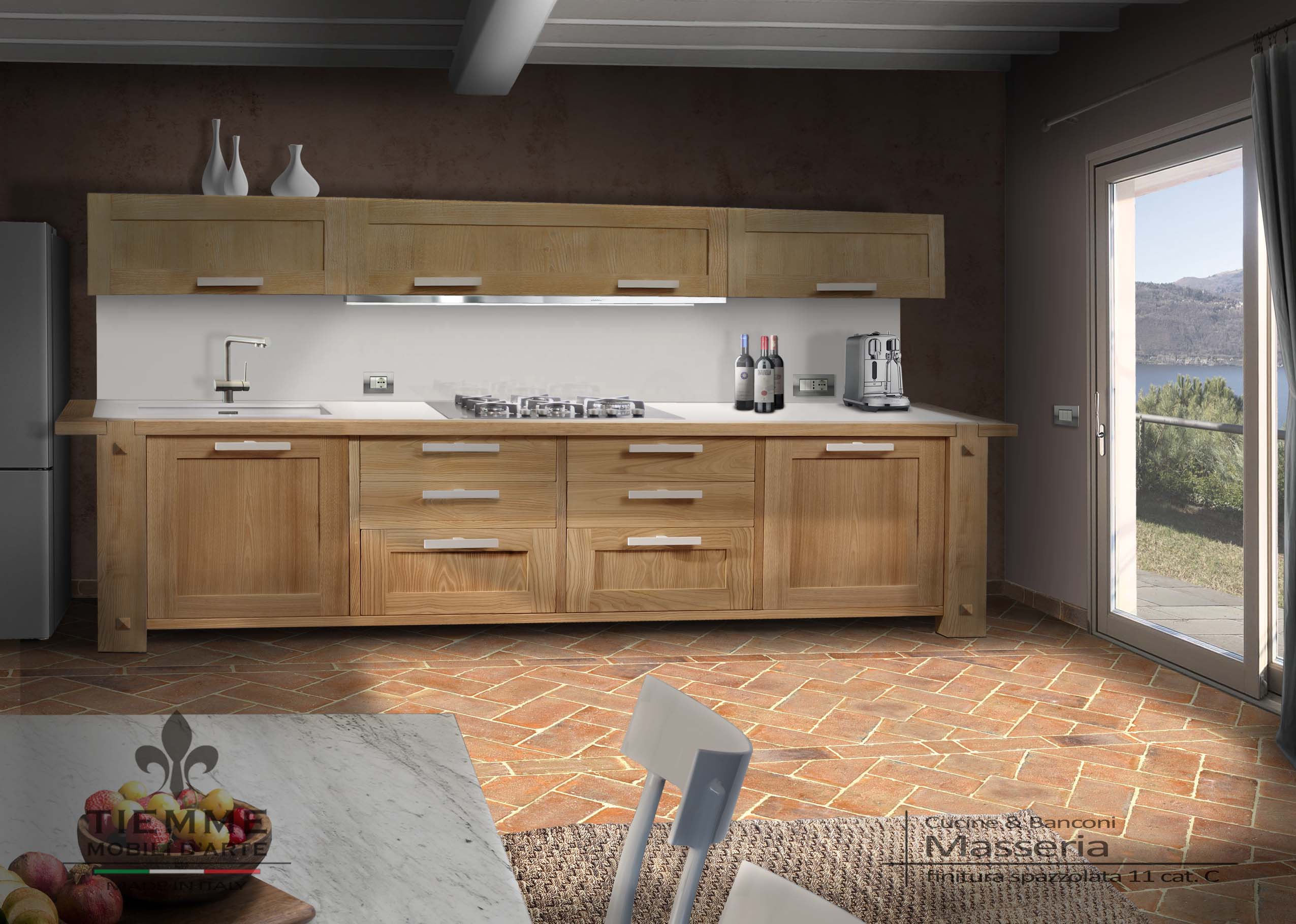 Cucina bancone a parete su richiesta, Masseria. Cucina in legno massello con ante a telaio di forte spessore, sicurezza e personalità garantita per questa composizione dal fascino intramontabile.