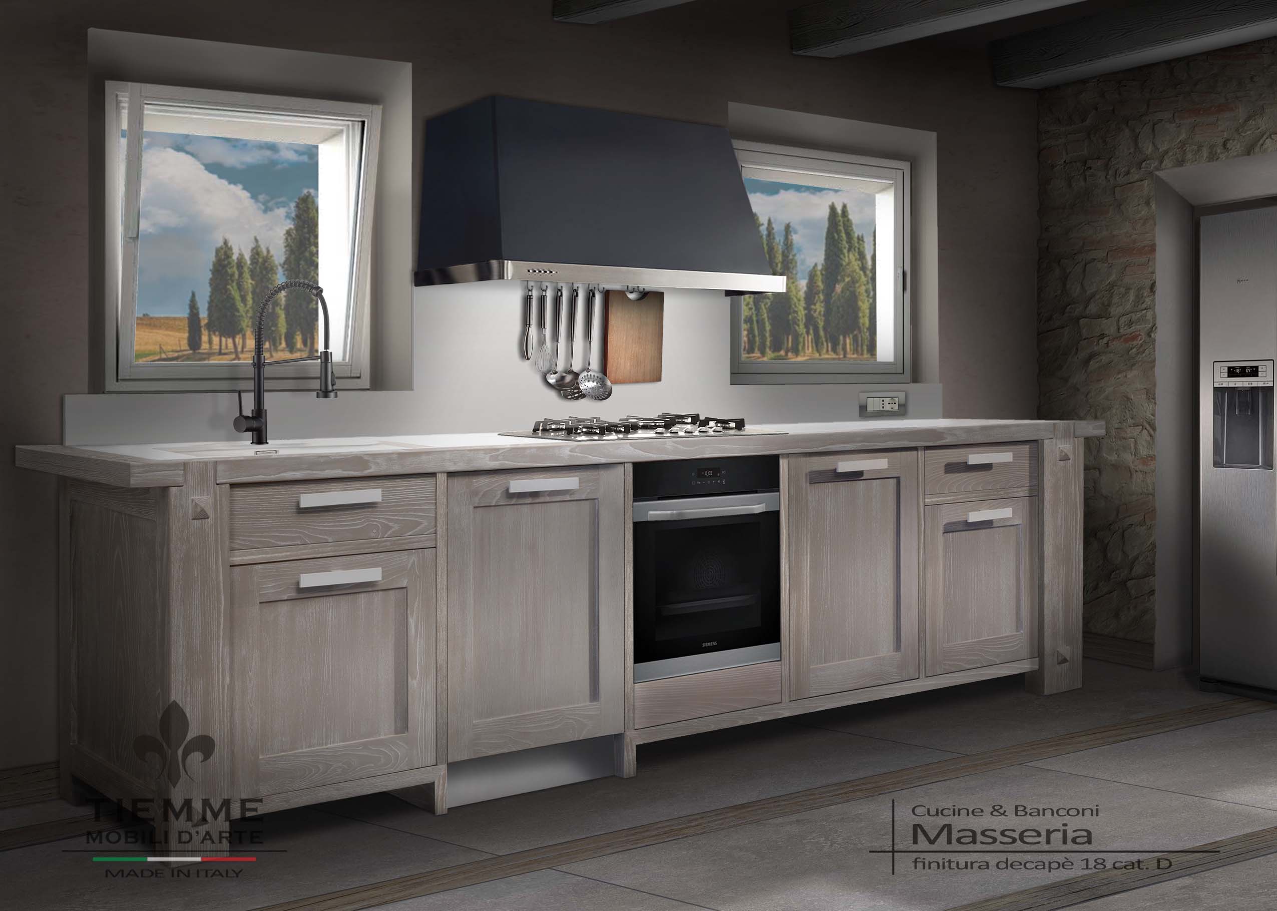Cucina bancone in legno laccato argilla decapè su misura, Masseria. Cucina a banco con colonne portanti, ante, cassetti, forno e lavastoviglie, costruita su richiesta, personalizzabile.