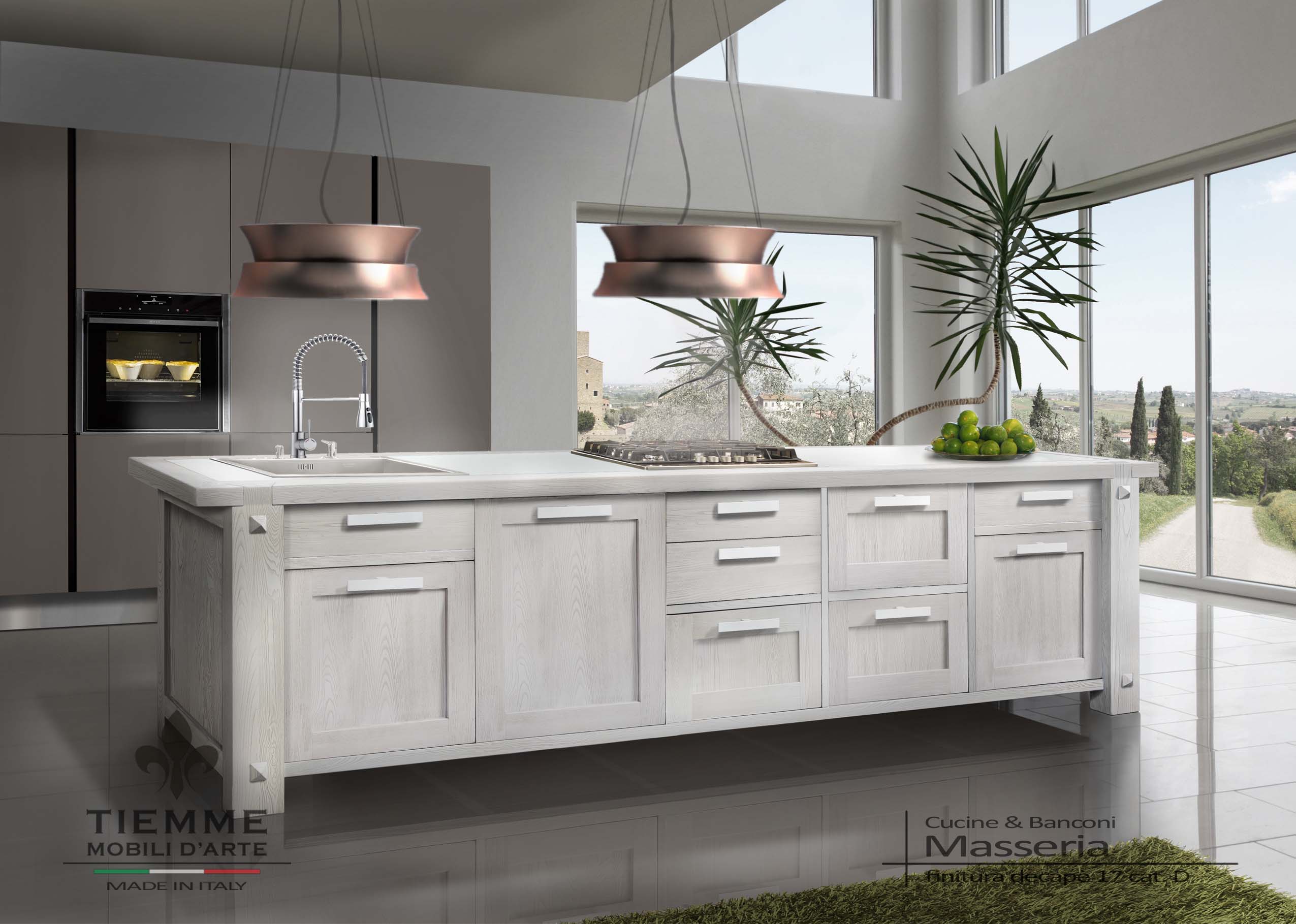 Cucina con isola centrale laccato decapè bianco, Masseria. Isola cucina con ante, cassetti e cestoni, elemento importante costruito artigianalmente per cucine contemporanee.