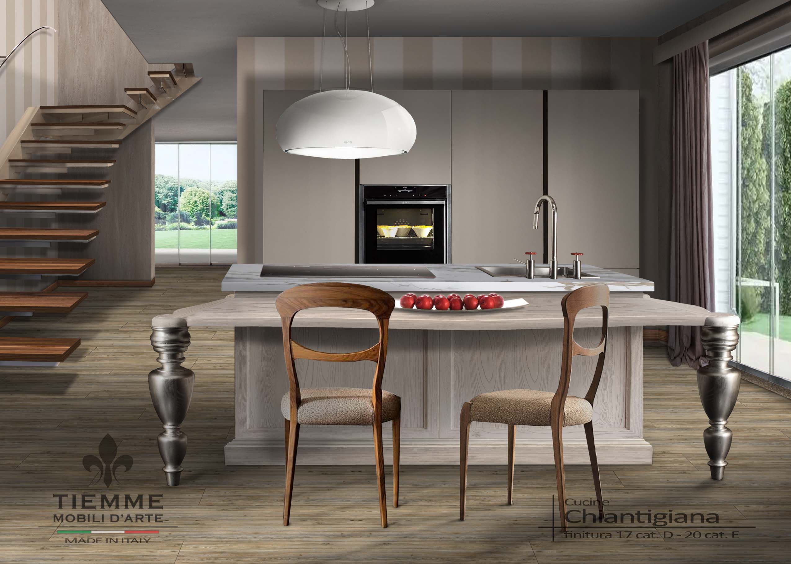 Cucina con isola e penisola tavolo, Chiantigiana. Ambiente cucina romantico e moderno con grande isola centro stanza con cottura e lavello e grande tavolo penisola con piano sagomato.