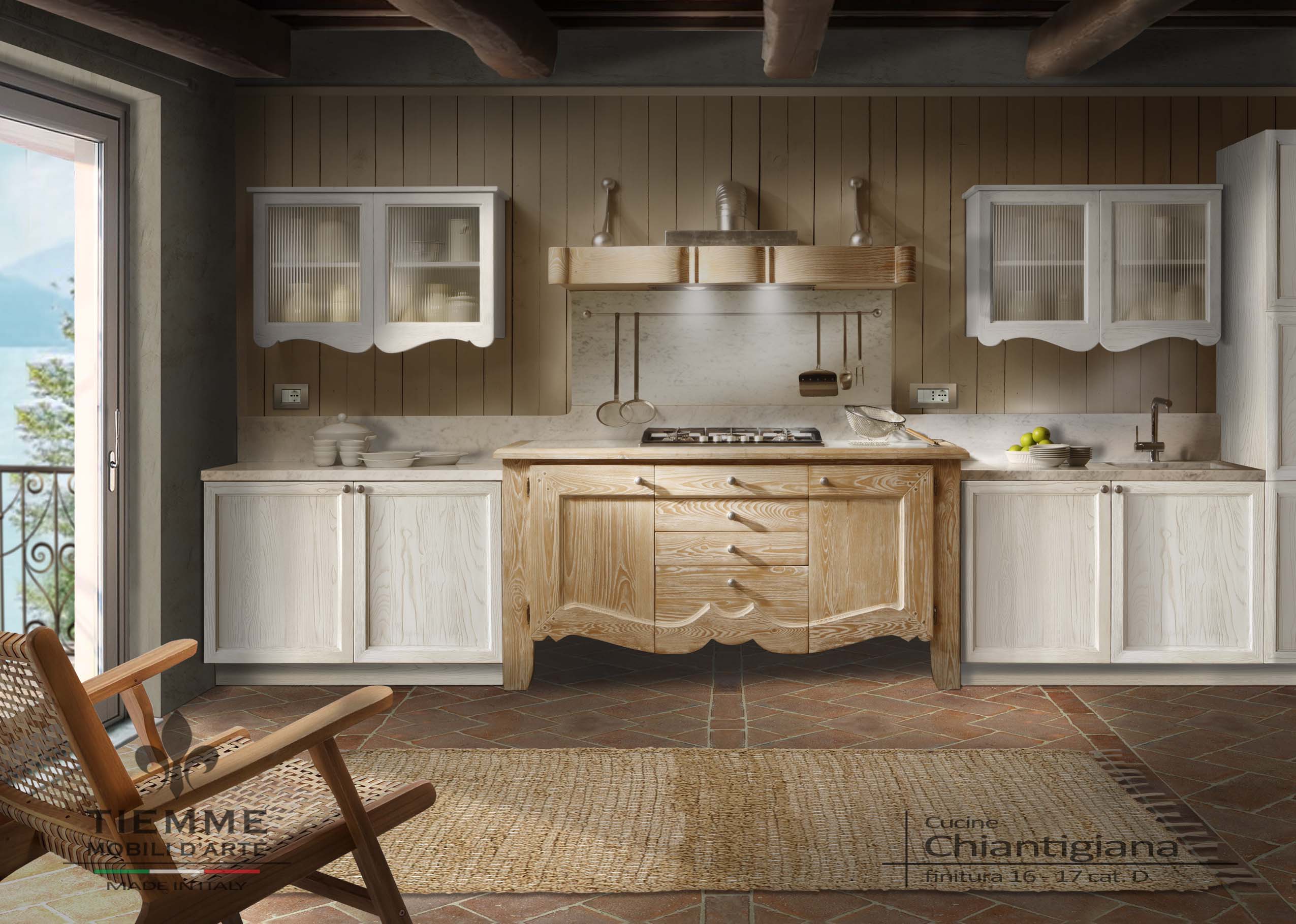 Cucina country con banco cottura avanzato, Chiantigiana. Cucina country chic, costruita in castagno e frassino, grande blocco per la cottura con corpo avanzato in castagno naturale decapè.
