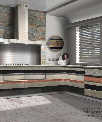 Cucina moderna raffinata, con ante composte da tavole a rilievo con colori alternati rame, argento, nero.