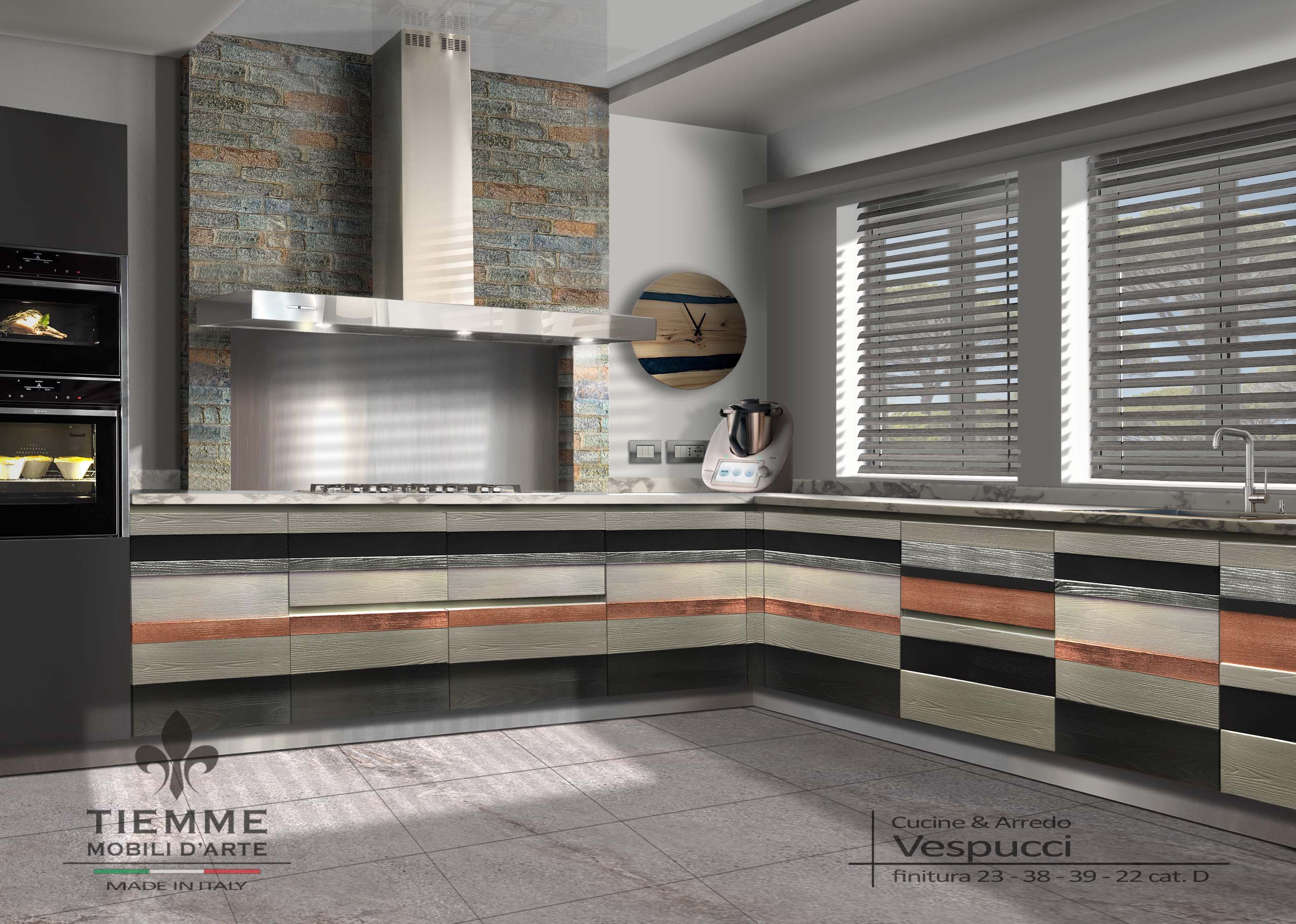 Cucina in legno spazzolato foglia argento e rame, Vespucci. Cucina moderna raffinata, con ante composte da tavole a rilievo con colori alternati rame, argento, nero.