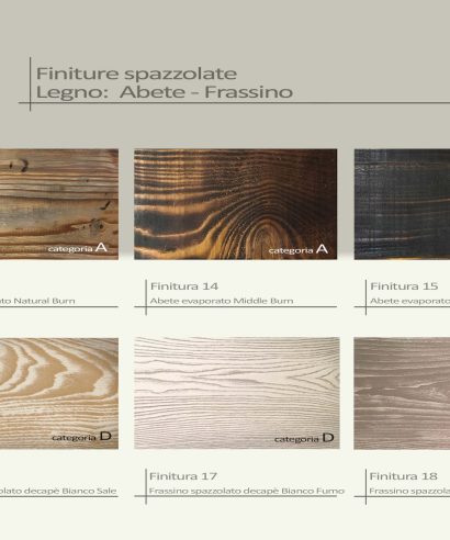 Campionario finiture legno di Frassino spazzolato decapè e abete bruciato nelle varie tonalità.