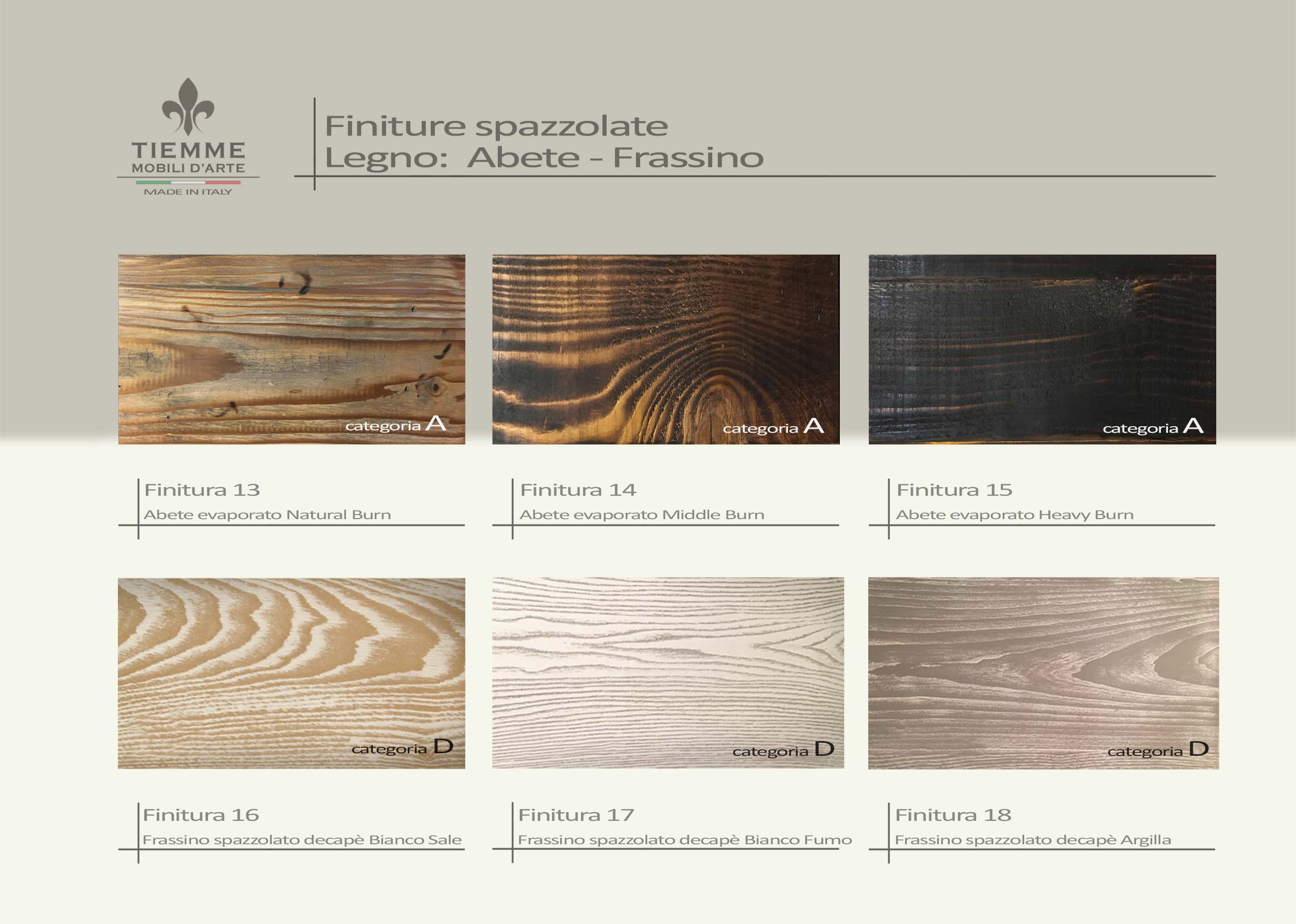 Finiture legno abete castagno bruciato spazzolato decapè. Campionario finiture legno di Frassino spazzolato decapè e abete bruciato nelle varie tonalità.