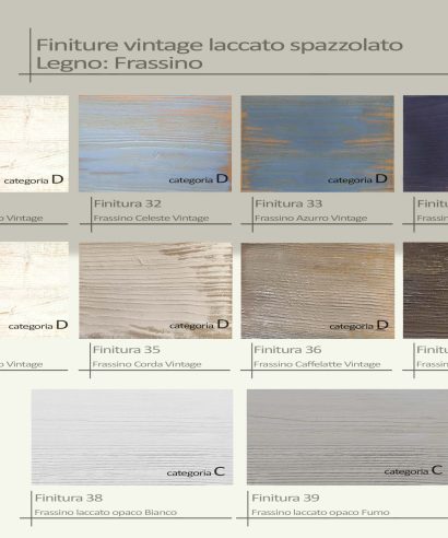 Finiture legno di frassino spazzolato a mano e poi verniciato con colori a scelta, effetto vintage consumato.
