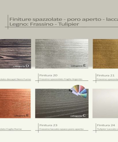 Finiture disponibili sui nostri mobili abbinate ai vari tipi di legno, spazzolate, a poro aperto e laccato liscio opaco.