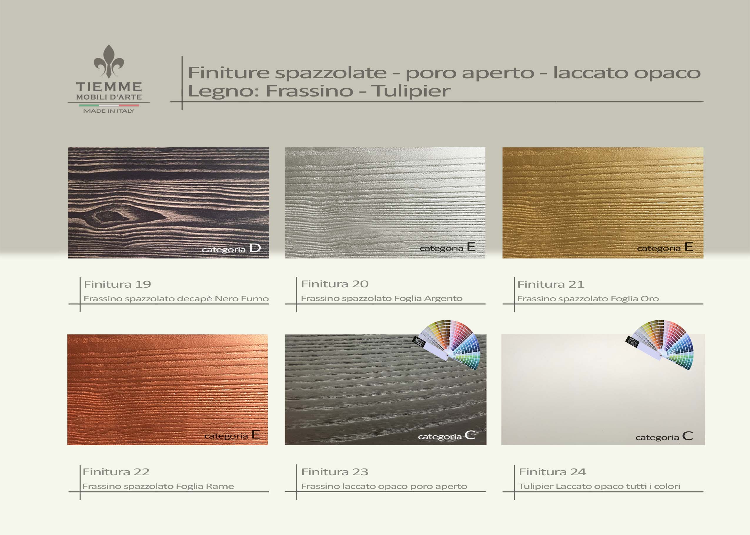 Finiture legno frassino tulipier spazzolato poro aperto laccato opaco. Finiture disponibili sui nostri mobili abbinate ai vari tipi di legno, spazzolate, a poro aperto e laccato liscio opaco.