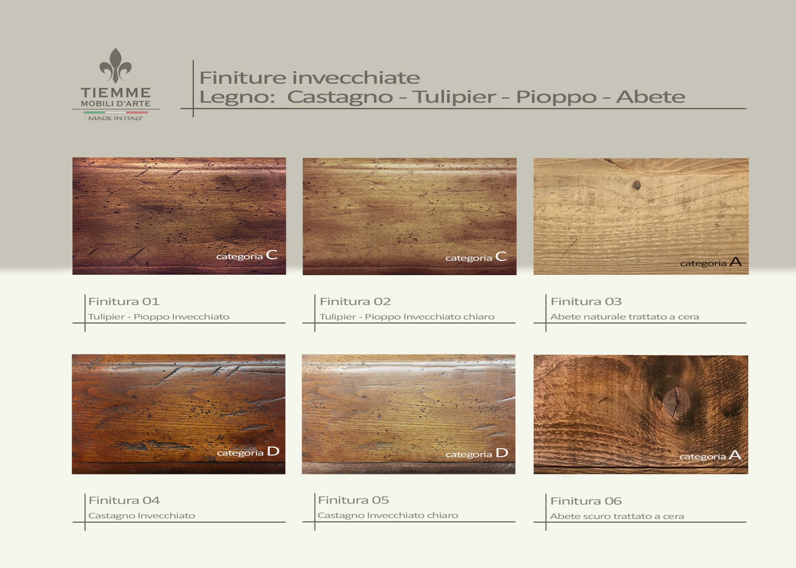 Finiture legno invecchiato castagno pioppo tulipier abete. Finiture disponibili sui nostri mobili abbinate ai vari tipi di legno.