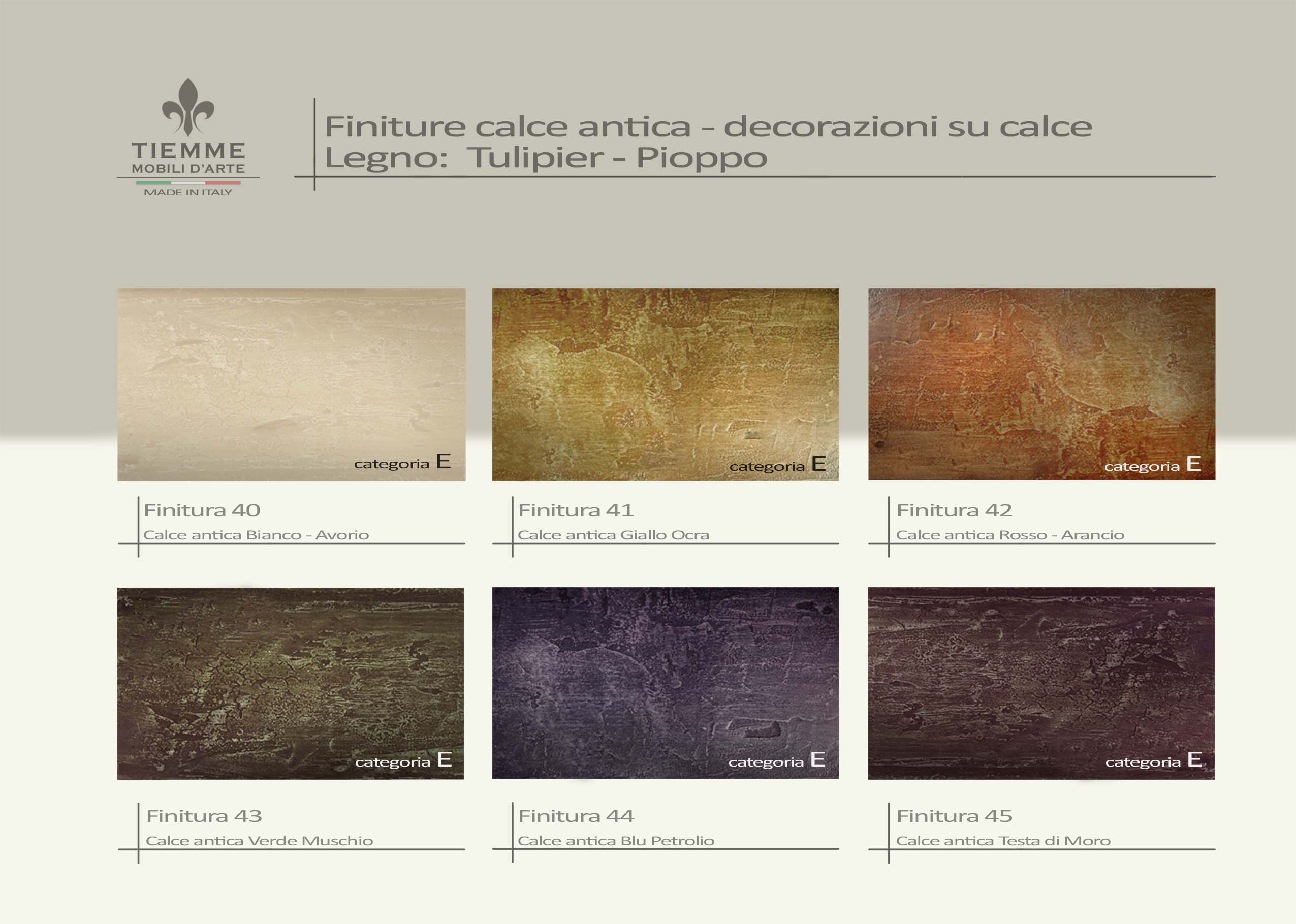 Finiture legno pioppo laccato intonaco calce antica vecchia. Finiture in calce antica, gessate, spatolate, granulose, fatte esclusivamente a mano, sono di grande effetto materico con colori a richiesta.
