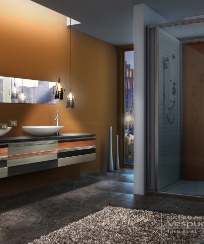 Mobile da bagno sospeso con 3 grandi cassettoni estraibili, piano in legno o altri materiali per appoggio lavabi, frontali cassetti in frassino spazzolato.