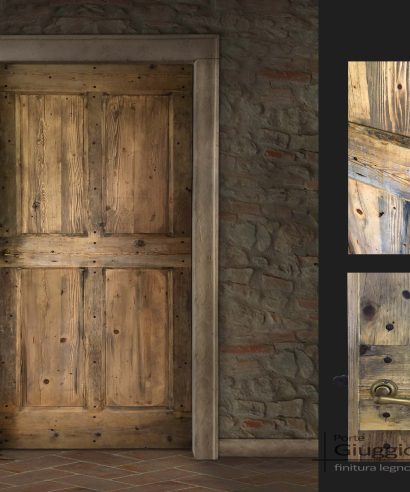 Porta in stile campagna da interno, costruita in legno di abete vecchio con finitura naturale invecchiata.