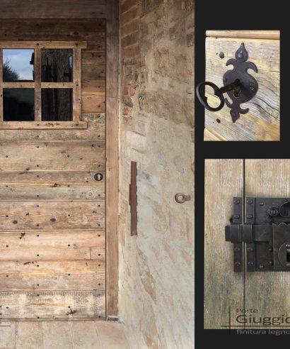 Le porte delle case di campagna, costruite in legno massello, con tecniche del passato e ferramenta in ferro forgiato di alto livello.