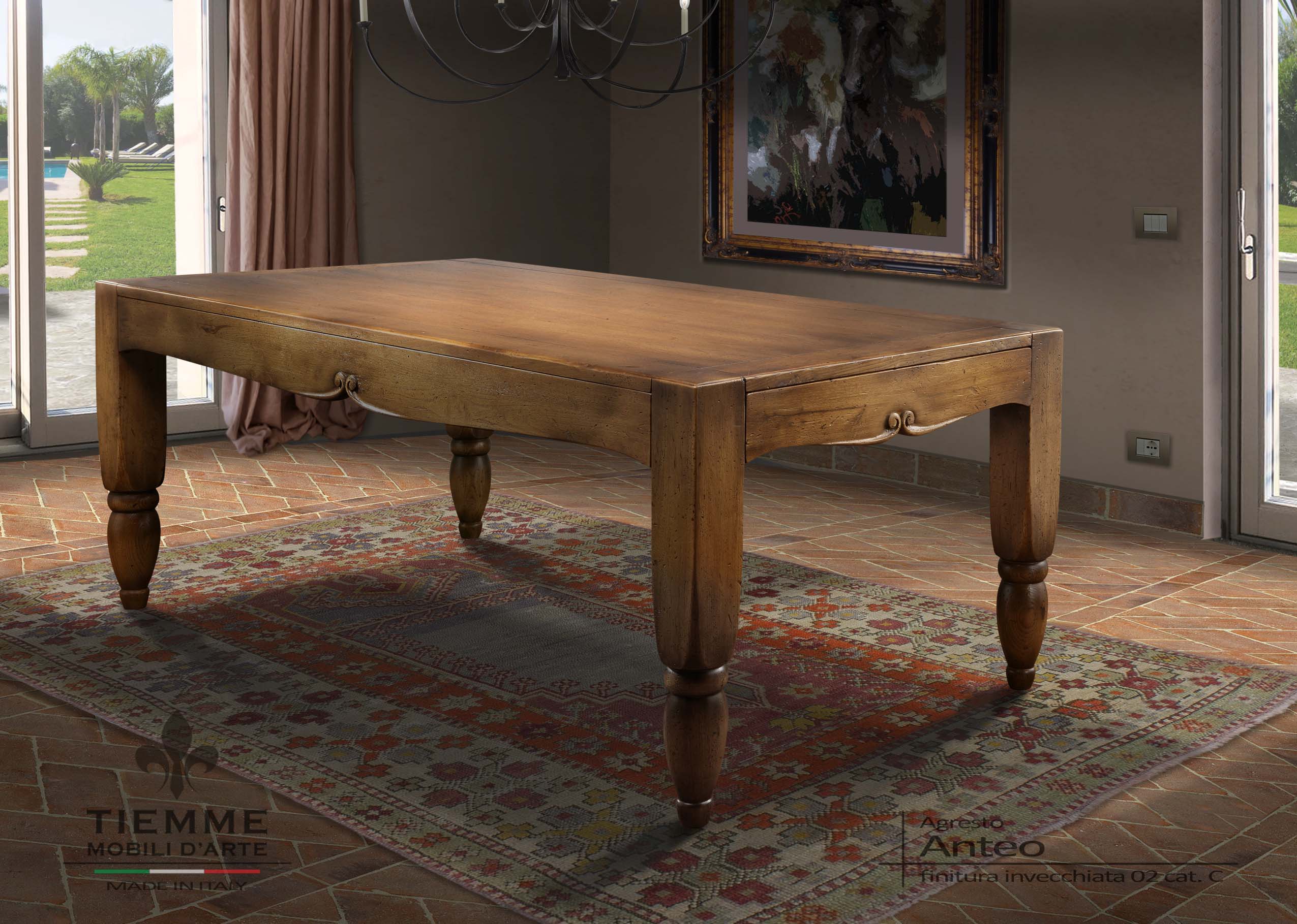 Tavolo da pranzo rettangolare, Anteo Tavolo da pranzo Anteo, rettangolare in legno massello con gambe di forte spessore e intaglio sulle fasce laterali.